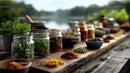 Herbal Collection of Fresh Herbs and Spices on Wooden Table