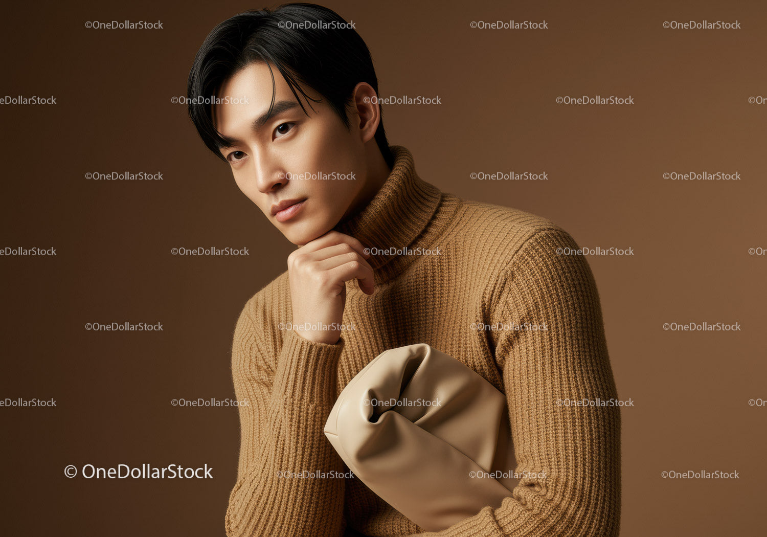 Elegant Young Man in Beige Turtleneck with Brown Background