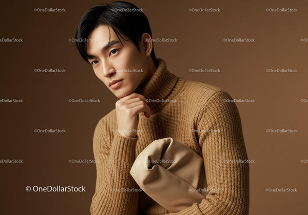 Elegant Young Man in Beige Turtleneck with Brown Background