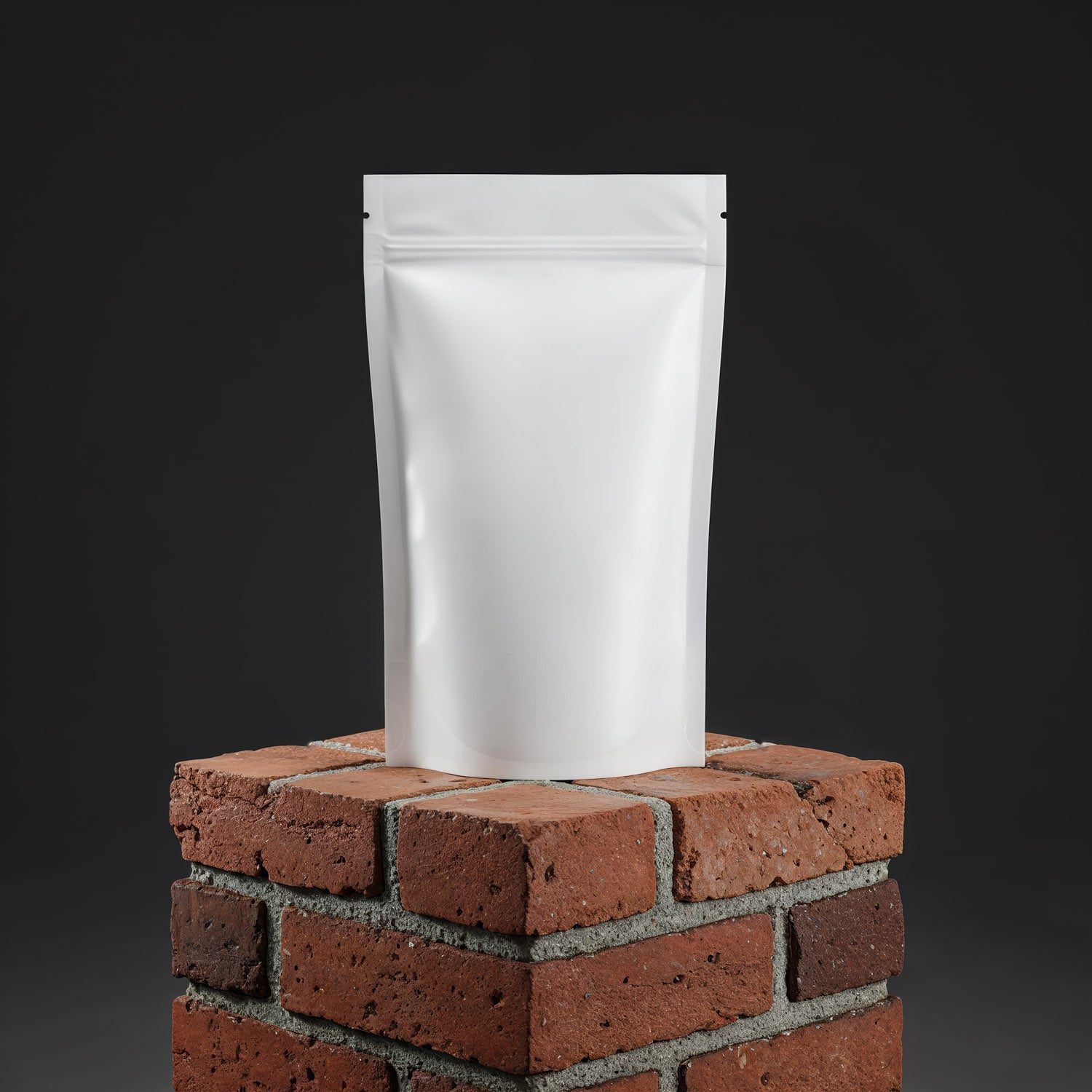 White Stand-Up Pouch on Brick Pedestal Against Dark Background