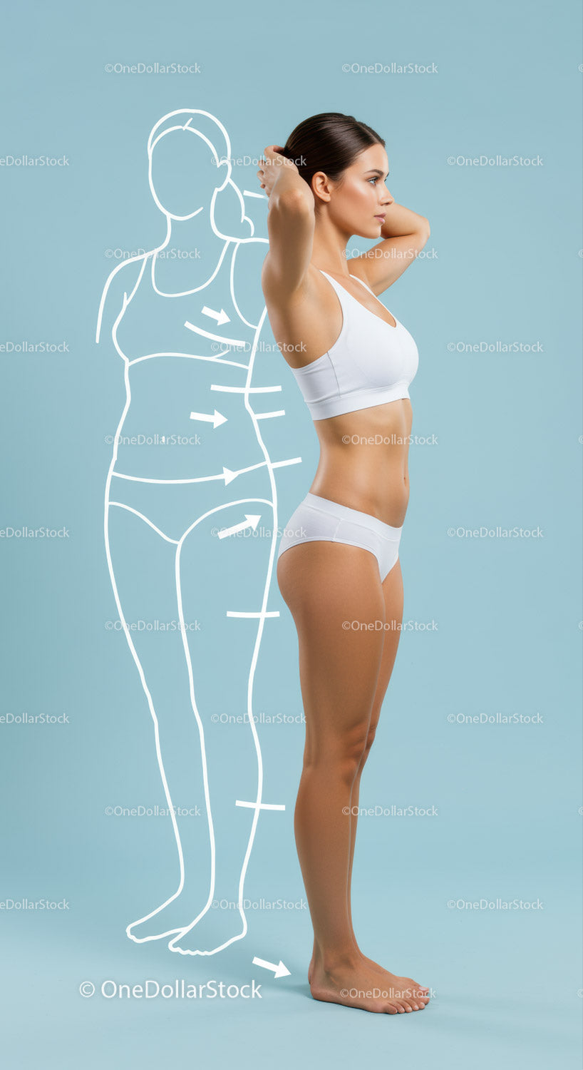 Fit Woman Standing in Side Profile with Body Measurement Illustration