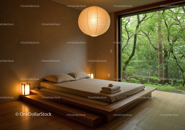 Minimalist bedroom with forest view and warm lighting
