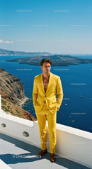 Man in Yellow Suit Overlooking Blue Coastal Landscape