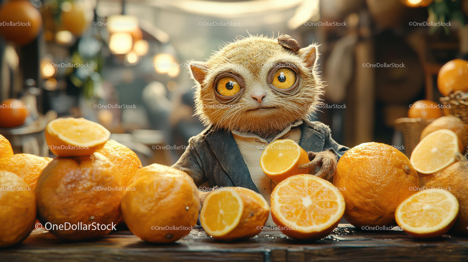 Fantasy Creature Surrounded by Fresh Oranges at Market