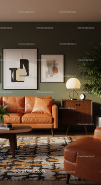 Cozy living room with leather sofa and warm decor