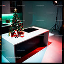Modern kitchen island decorated with Christmas ornaments