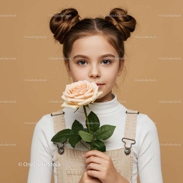 Młoda dziewczynka trzymająca brzoskwiniową różę z blond włosami i eleganckim wyrazem twarzy