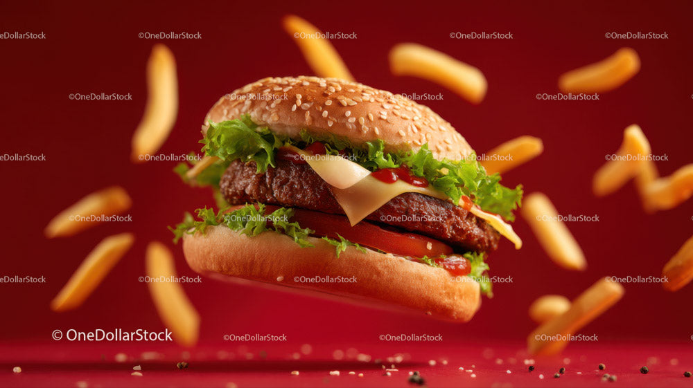 Juicy Cheeseburger with Lettuce and Tomato in Crispy Fries Background