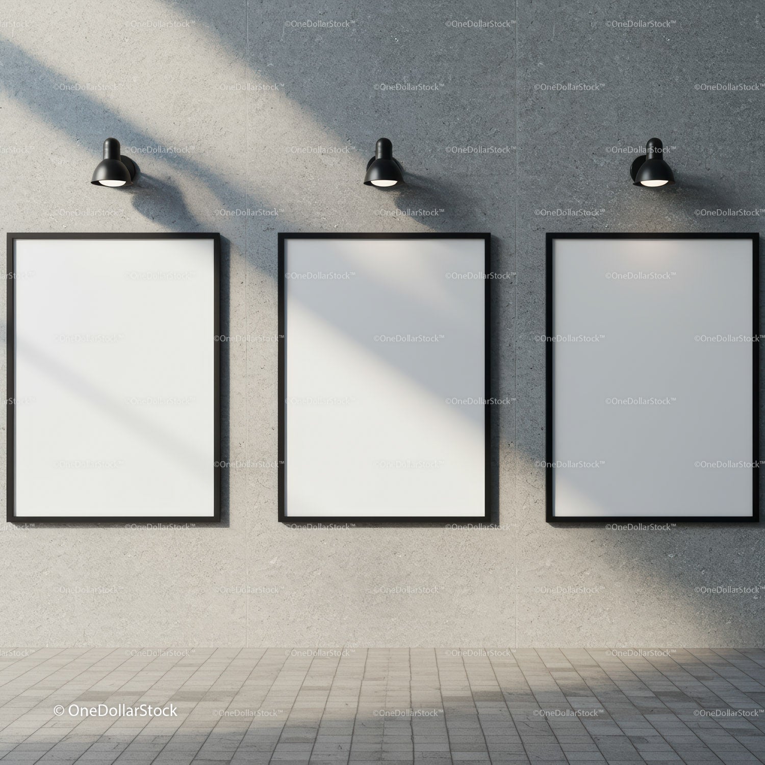 Minimalist blank frames on concrete gallery wall