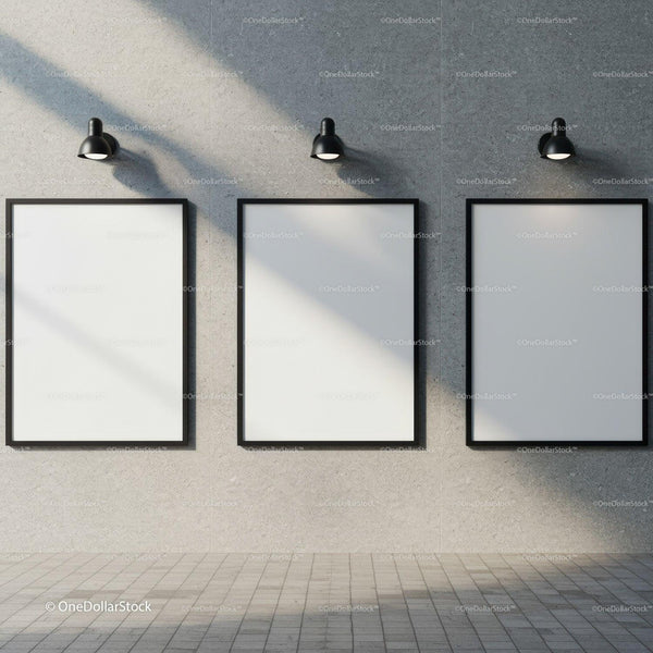 Minimalist blank frames on concrete gallery wall JPG Mockup Image