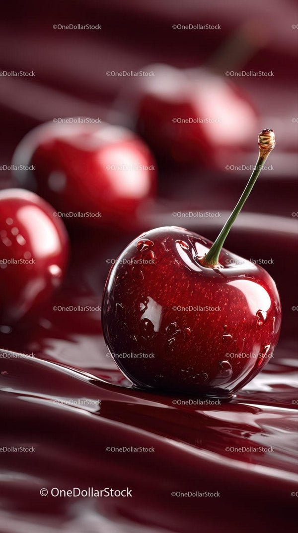 Close-up of Ripe Juicy Cherries with Water Droplets on Silk