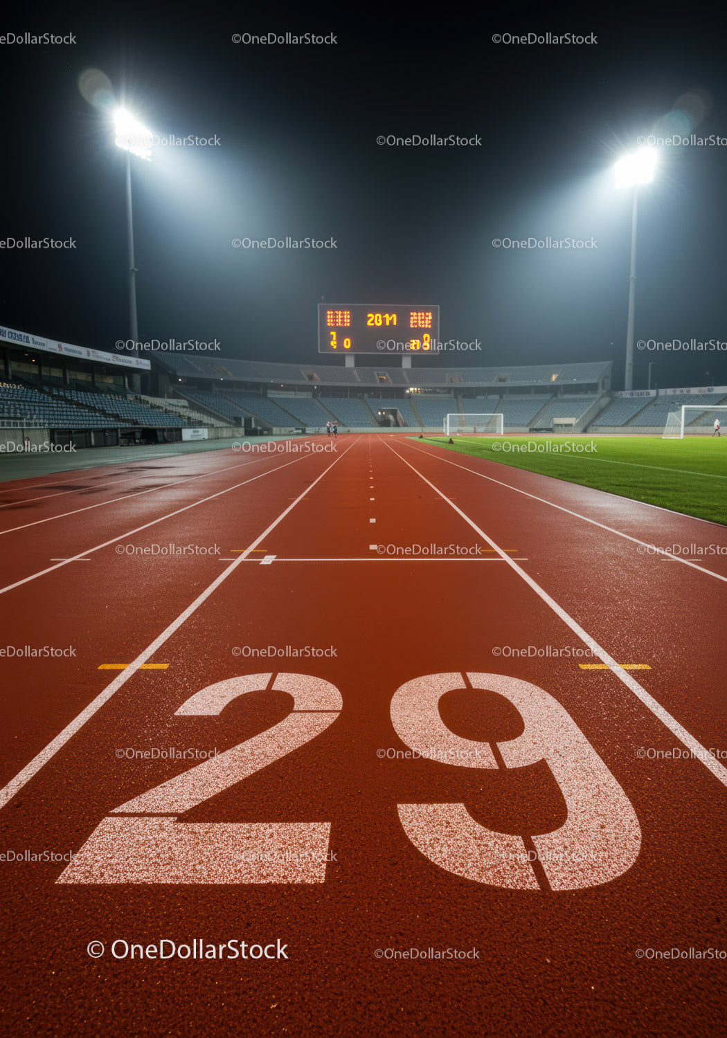Nocna pusta bieżnia z tablicą wyników stadionu