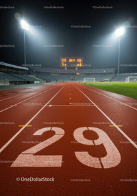 Nighttime empty running track with stadium scoreboard