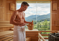 Man Relaxing in a Wooden Sauna with Mountain View