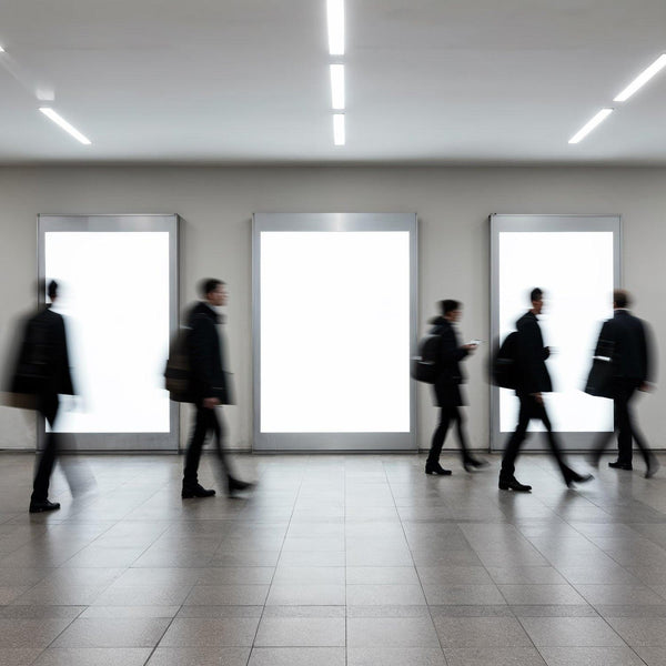 Blurred Businesspeople Walking by Bright Urban Advertisements JPG Mockup Image
