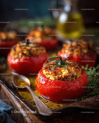 Stuffed Roasted Tomatoes with Breadcrumb Filling in Rustic Kitchen
