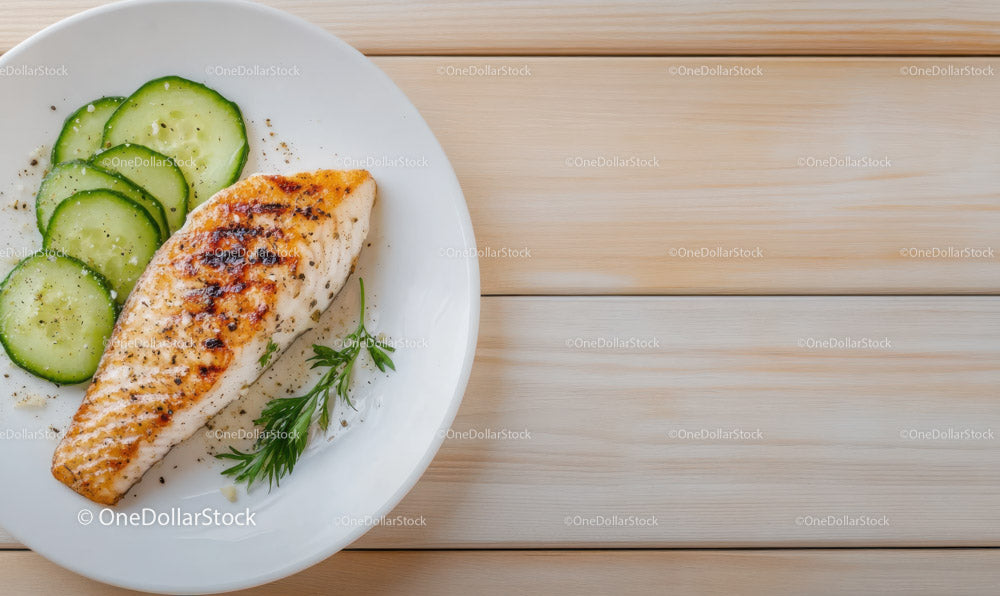 Grilled Chicken Fillet with Cucumber Slices on White Plate