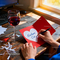 Writing a heartfelt Valentine card with red wine nearby