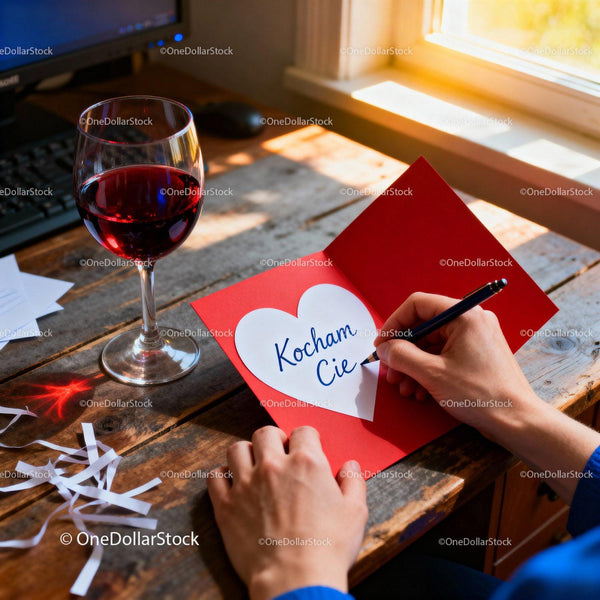 Writing a heartfelt Valentine card with red wine nearby