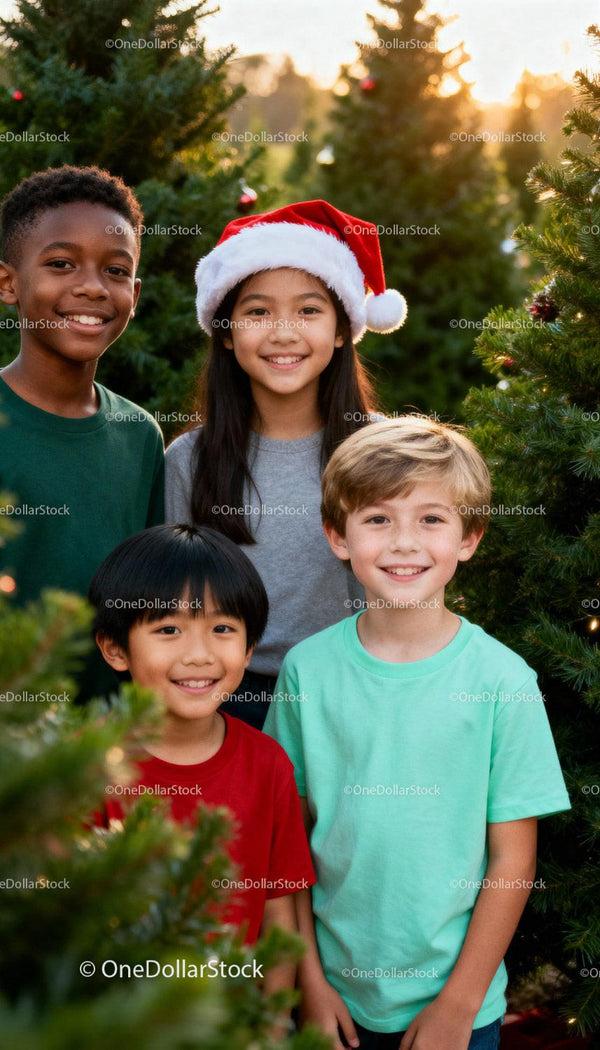 Smiling children celebrating Christmas among pine trees