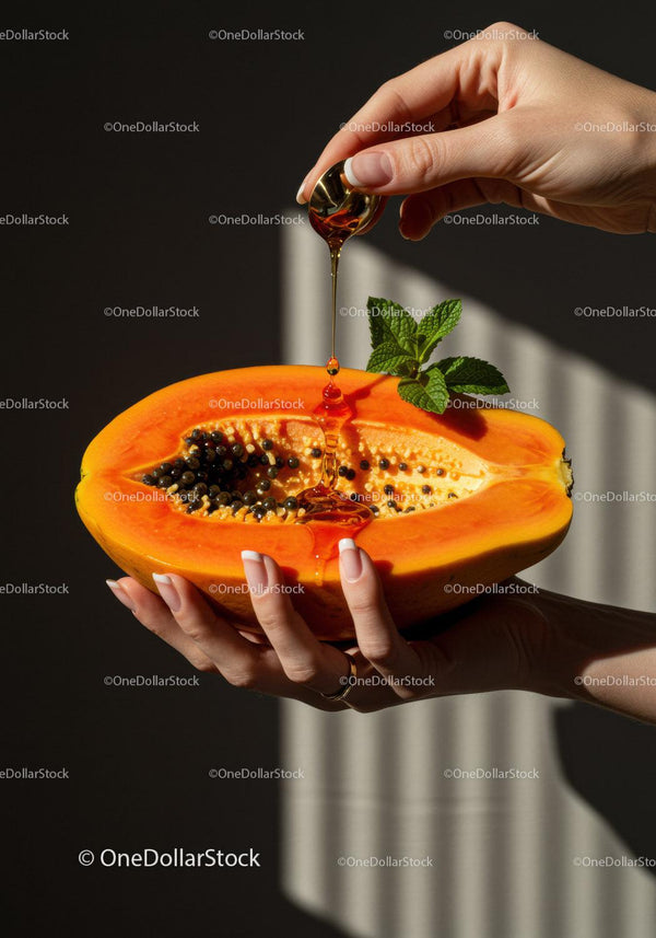 Fresh Papaya with Honey Drizzle and Mint Leaves