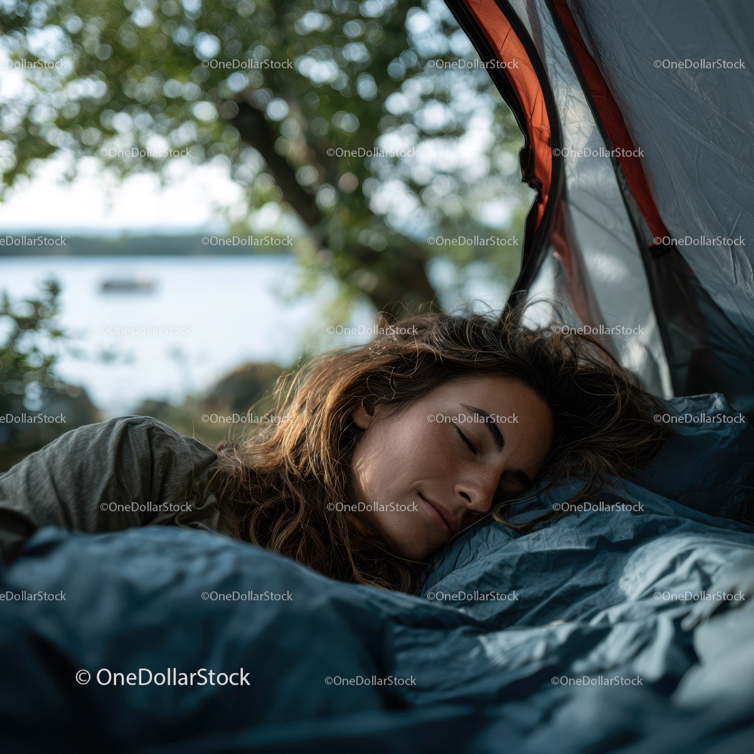 Young Woman Sleeping in Tent During Nature Camping Trip