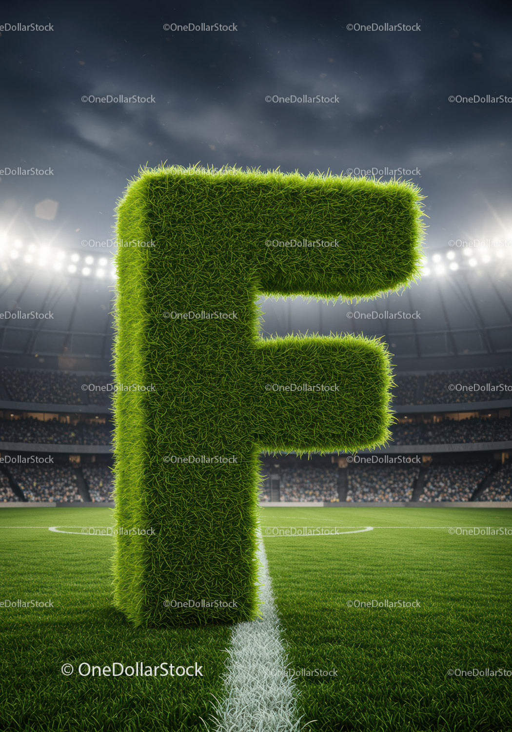 Large Grass Letter F on Football Stadium Field