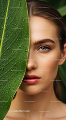 Close-Up Portrait of a Woman with Leaf Covering Half of Her Face