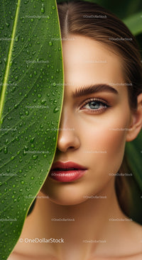 Close-Up Portrait of a Woman with Leaf Covering Half of Her Face