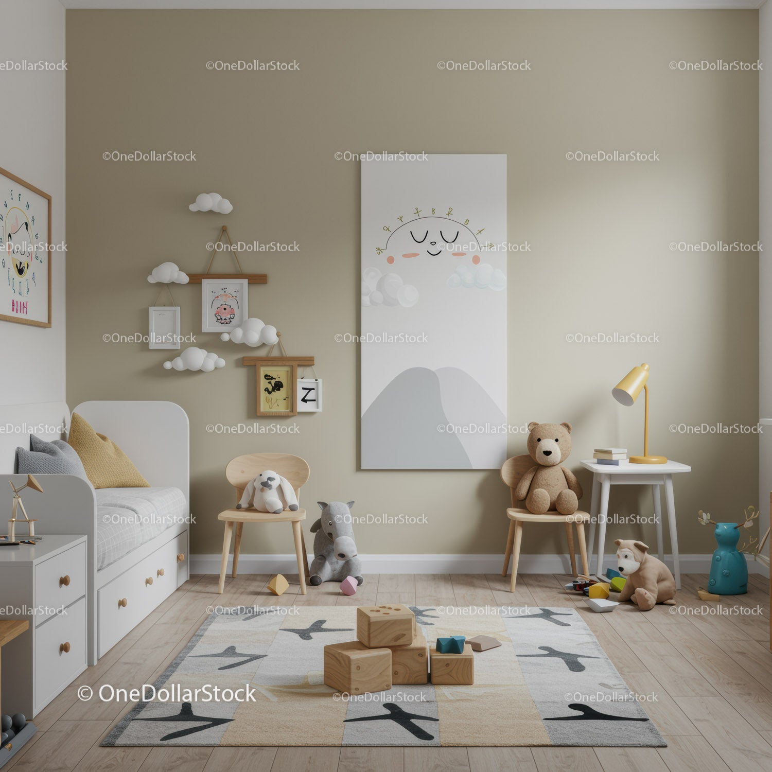 Cute Kids Room with Plush Toys and Cloud Wall Art in Modern Nursery