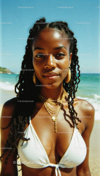 Elegant Woman with Braided Hair and Gold Jewelry on Beach in Summer