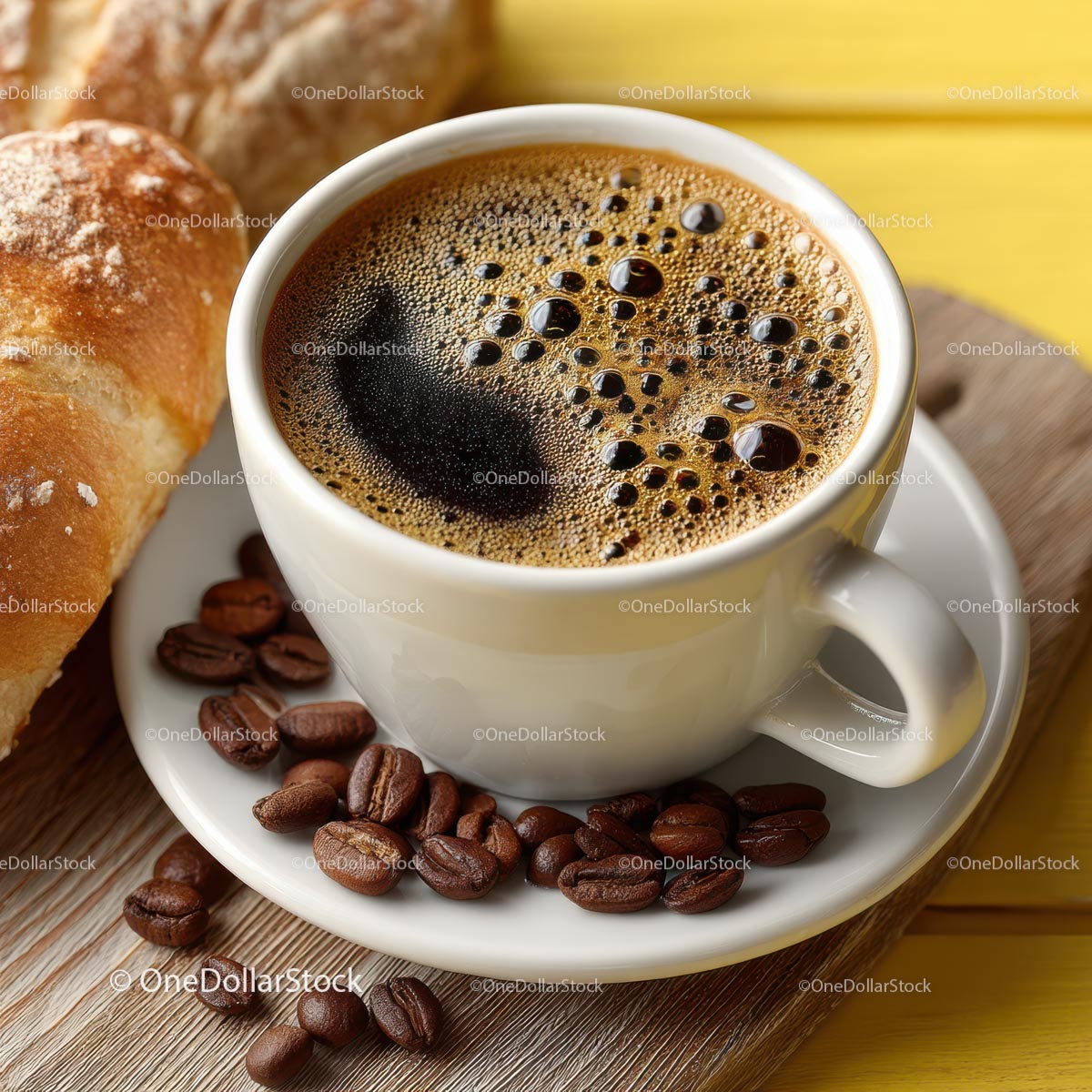 Aromatic Coffee with Freshly Baked Bread on a Wooden Table