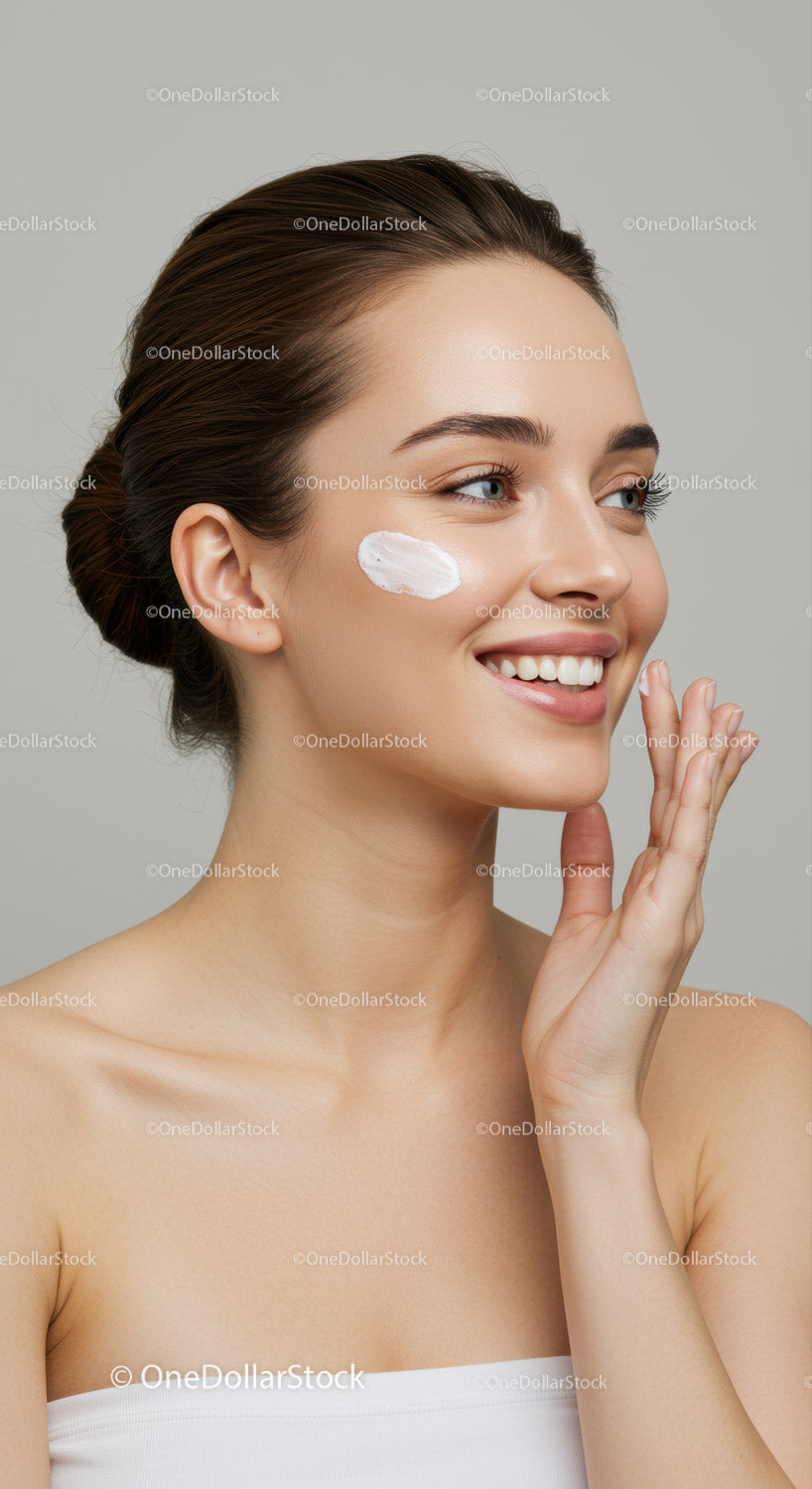 Young Woman Applying Skincare Cream with Beautiful Clear Skin