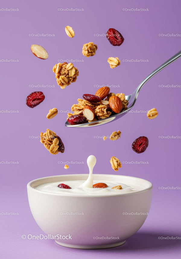 Granola and nuts dropping into fresh creamy yogurt