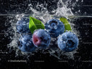 Fresh Blueberries with Water Splash and Green Leaves