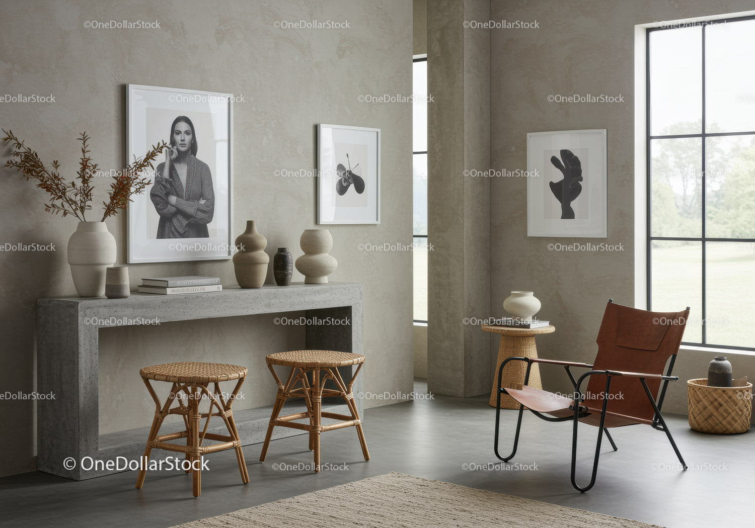 Minimalistyczny salon z naturalnymi fakturami i dekoracjami artystycznymi