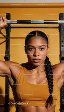 Focused woman lifting barbell in gym workout session