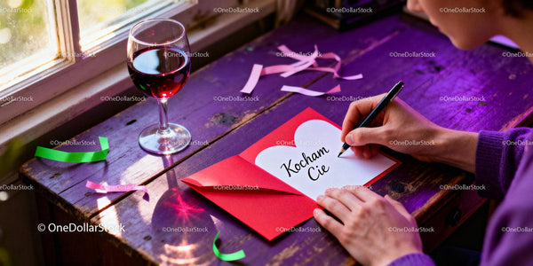 Writing a heartfelt Valentine card by the window with wine