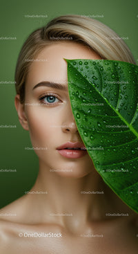 Elegant Beauty with Green Leaf and Water Drops Perfect for Skincare