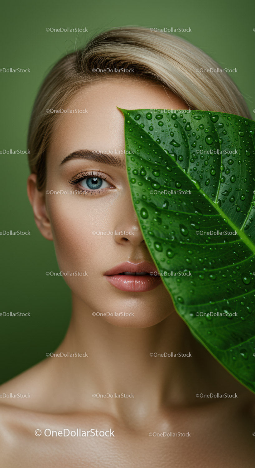 Elegant Beauty with Green Leaf and Water Drops Perfect for Skincare