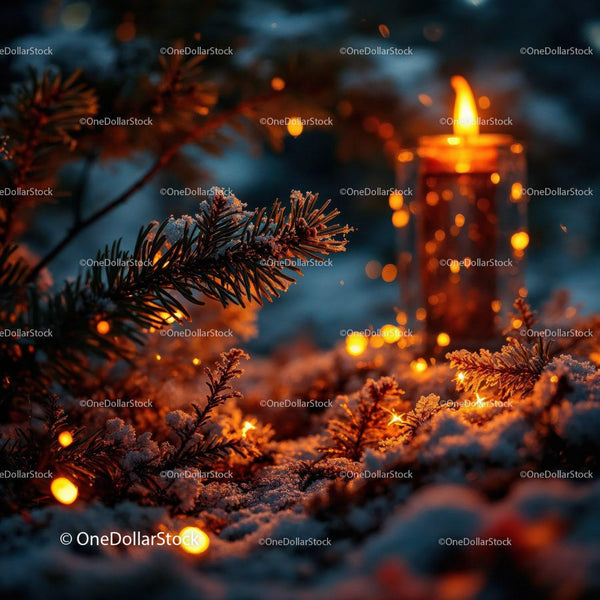 Ośnieżone gałęzie sosny oświetlone blaskiem świecy