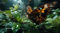Close-up of a Vibrant Orange and Black Butterfly on Green Leaves