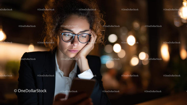 Businesswoman in Glasses Using Smartphone in Night Urban Scene