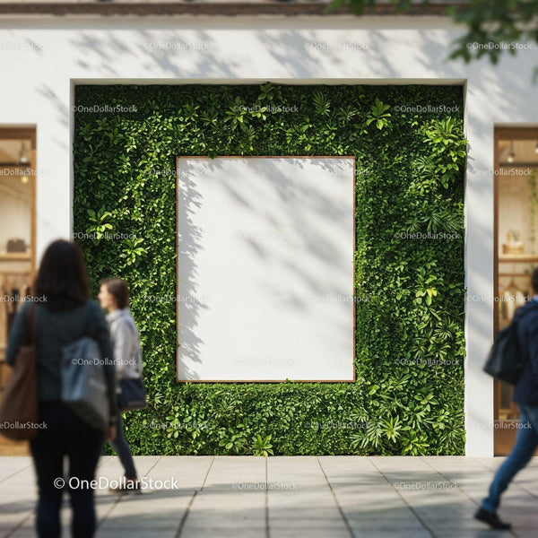 Blank Poster on Green Vertical Garden Wall Outdoors JPG Mockup Image