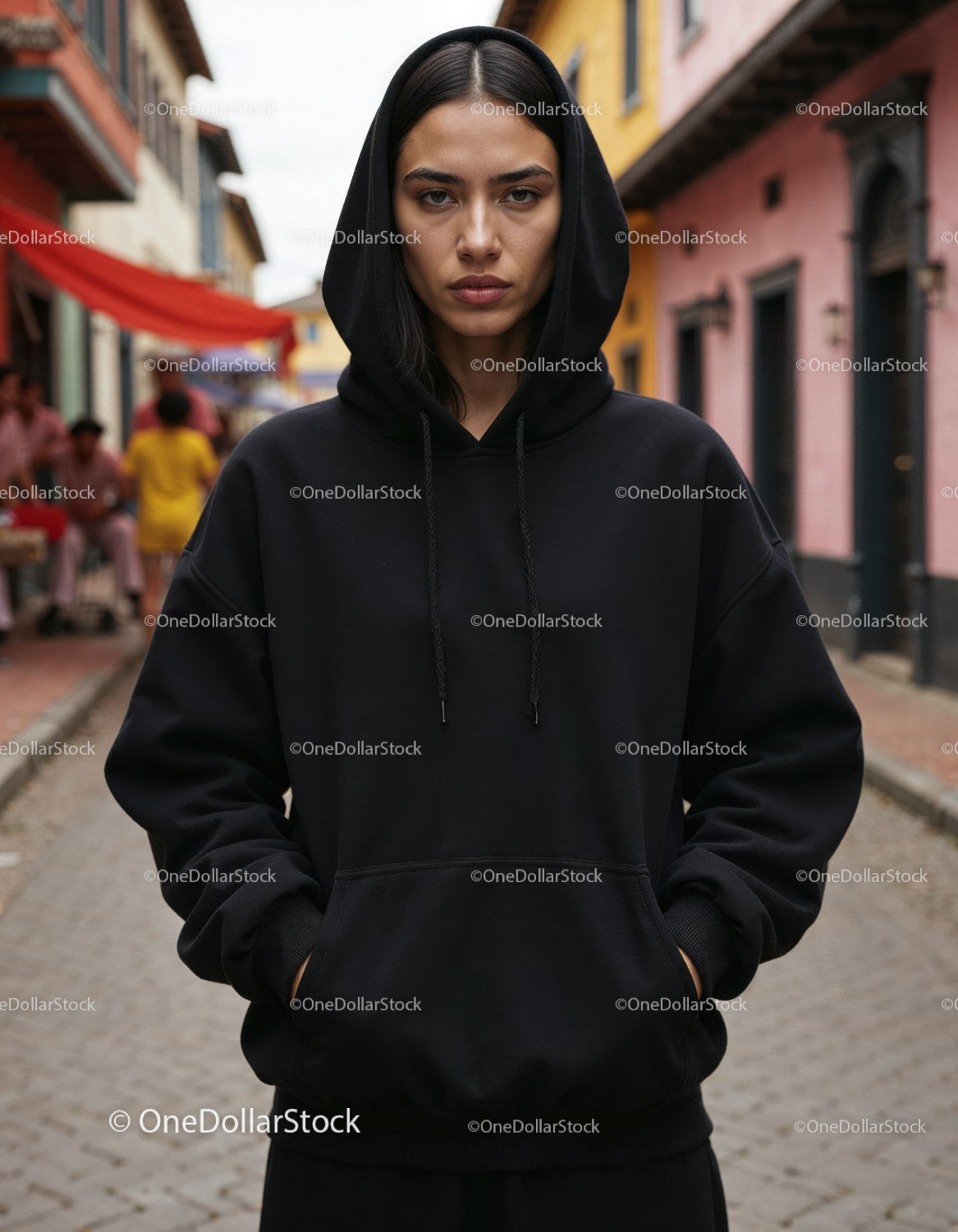 Fashionable Woman Wearing Black Hoodie in Urban City Street