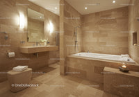 Elegant Modern Bathroom with Beige Travertine Tiles and Relaxing Bathtub