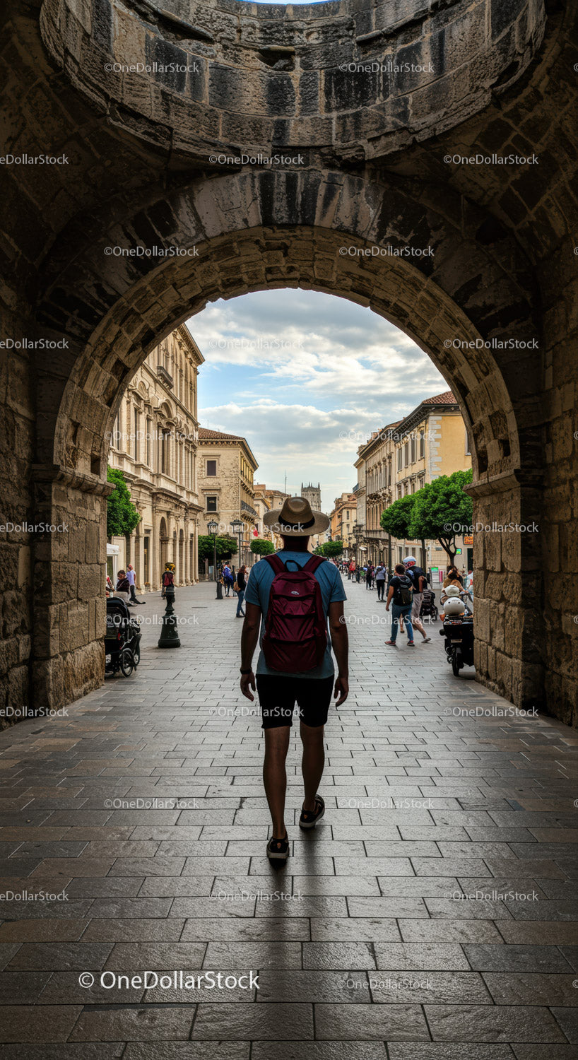 Tourist Walking Through Historic Stone Archway in European City