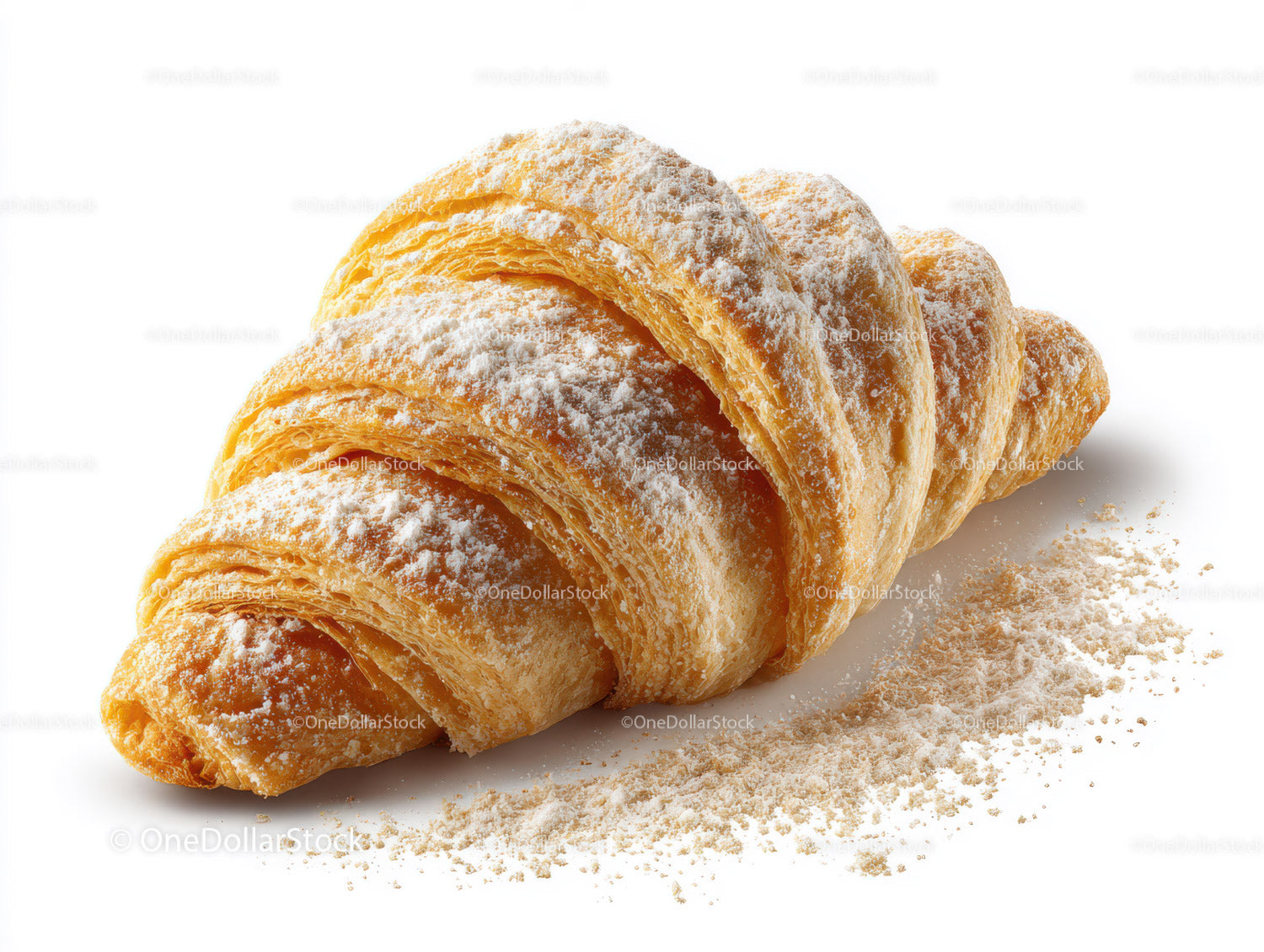 Golden Croissant with Powdered Sugar on White Background