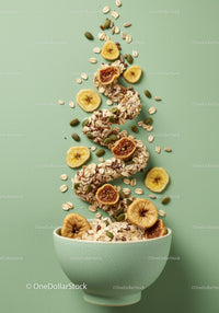 Healthy granola and dried fruit bowl on green background