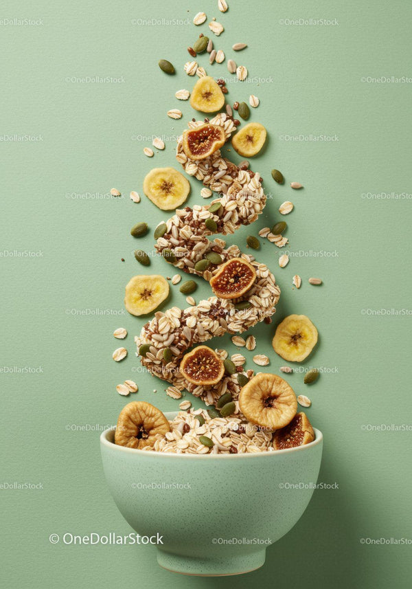 Zdrowa granola i miska suszonych owoców na zielonym tle